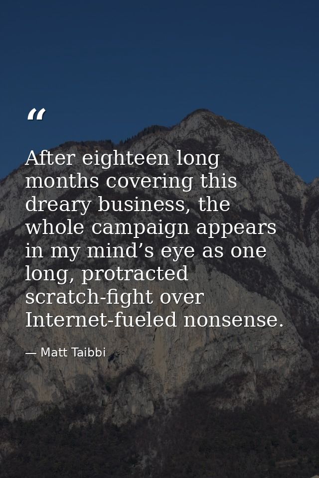 After eighteen long months covering this dreary business, the whole campaign appears in my mind’s eye as one long, protr — Matt Taibbi