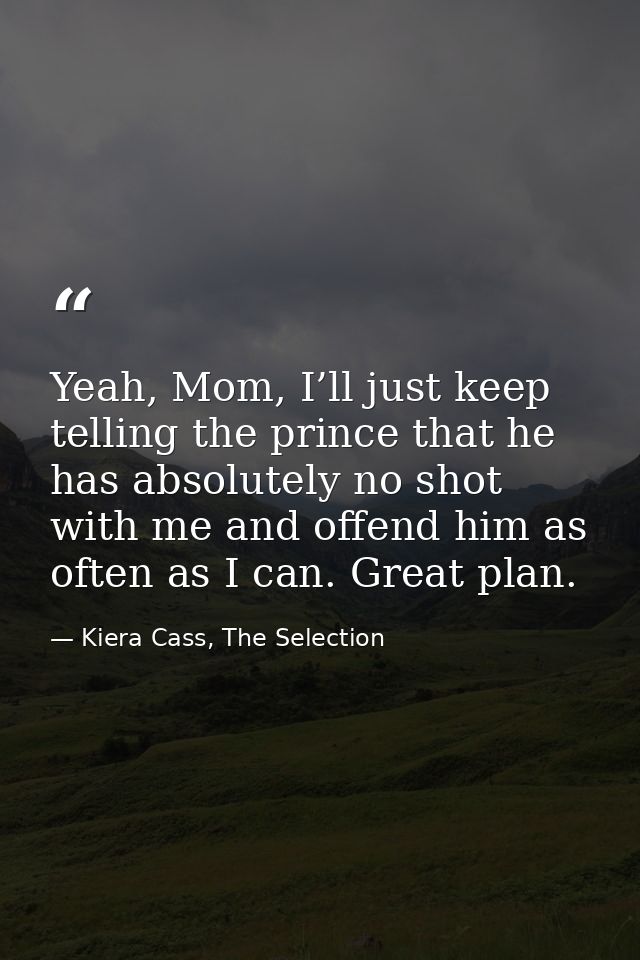 Yeah, Mom, I’ll just keep telling the prince that he has absolutely no shot with me and offend him as often as I can. Gr — Kiera Cass, The Selection