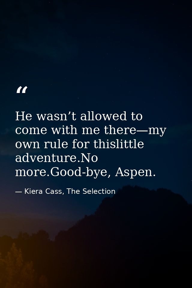 He wasn’t allowed to come with me there—my own rule for thislittle adventure.No more.Good-bye, Aspen. — Kiera Cass, The Selection