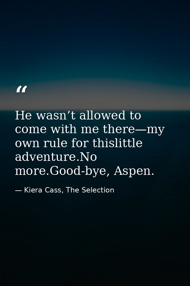 He wasn’t allowed to come with me there—my own rule for thislittle adventure.No more.Good-bye, Aspen. — Kiera Cass, The Selection
