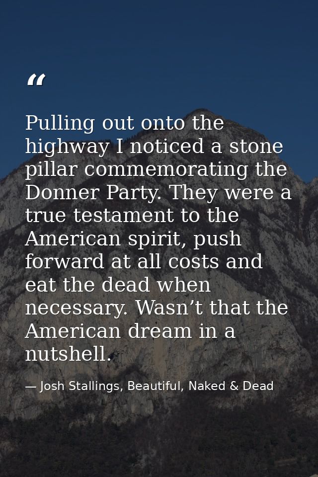 Pulling out onto the highway I noticed a stone pillar commemorating the Donner Party. They were a true testament to the  — Josh Stallings, Beautiful, Naked & Dead