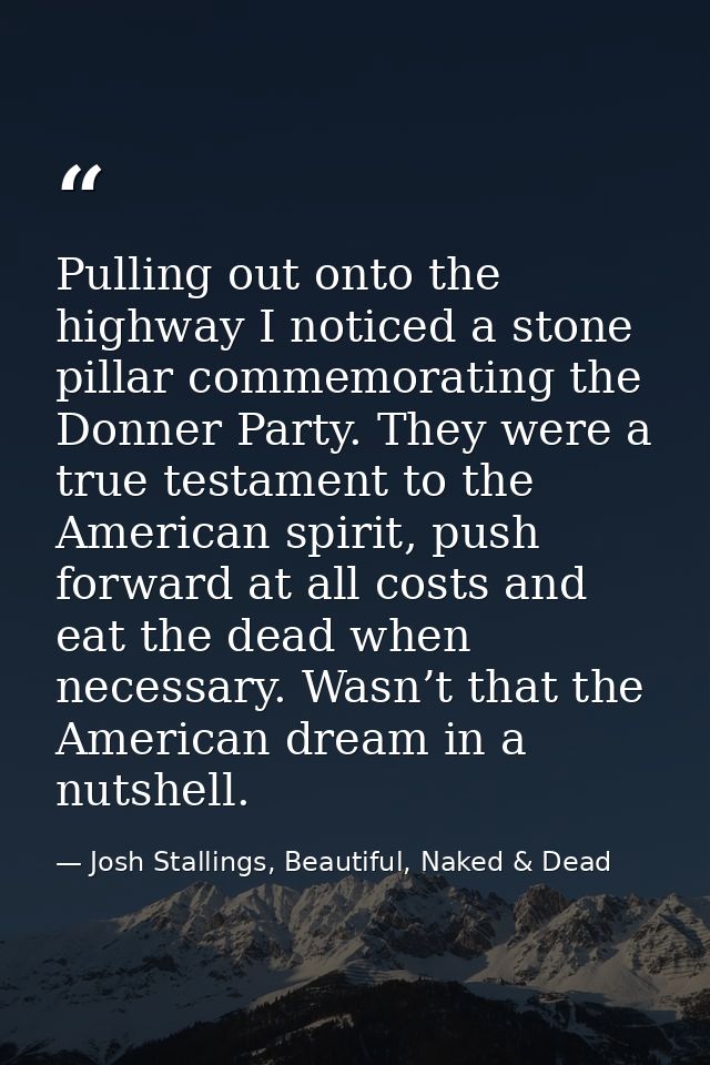 Pulling out onto the highway I noticed a stone pillar commemorating the Donner Party. They were a true testament to the  — Josh Stallings, Beautiful, Naked & Dead