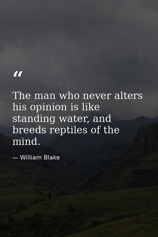 The man who never alters his opinion is like standing water, and breeds reptiles of the mind. — William Blake