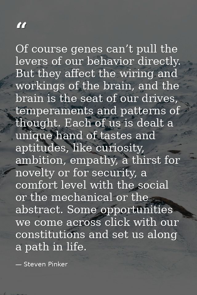 Of course genes can’t pull the levers of our behavior directly. But they affect the wiring and workings of the brain, an — Steven Pinker