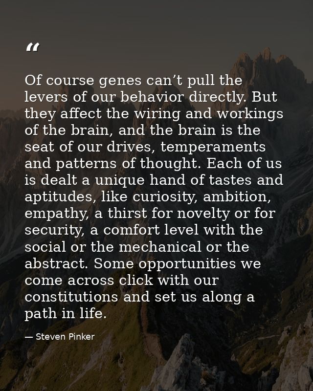 Of course genes can’t pull the levers of our behavior directly. But they affect the wiring and workings of the brain, an — Steven Pinker