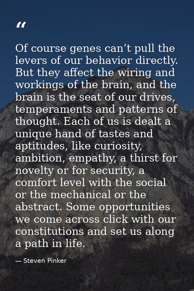 Of course genes can’t pull the levers of our behavior directly. But they affect the wiring and workings of the brain, an — Steven Pinker