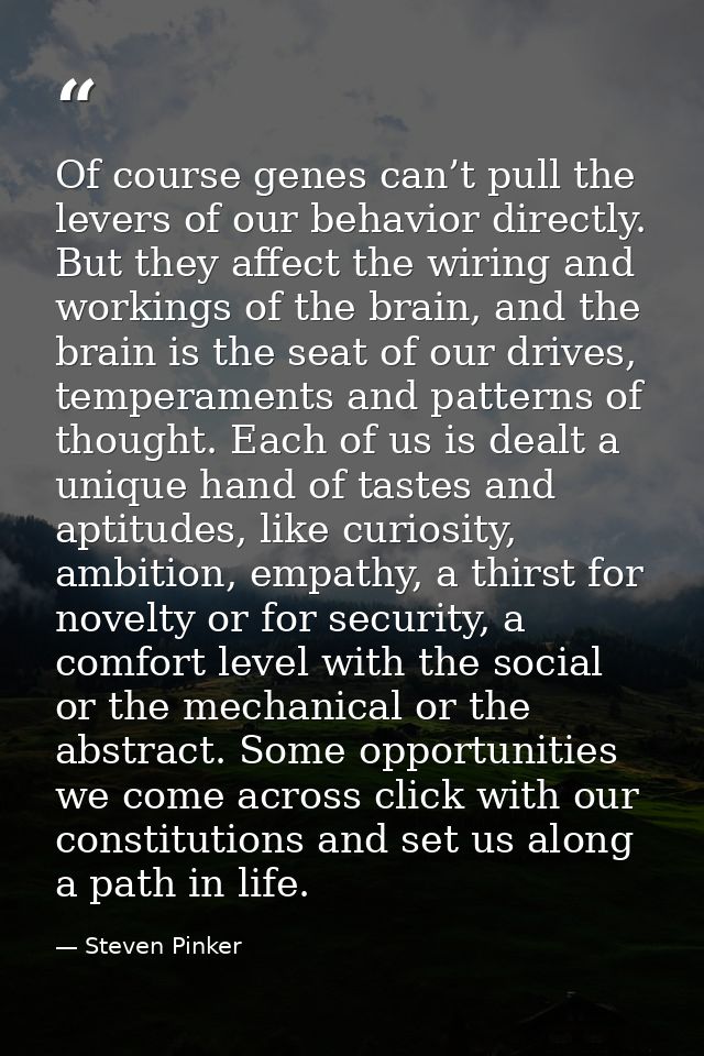 Of course genes can’t pull the levers of our behavior directly. But they affect the wiring and workings of the brain, an — Steven Pinker