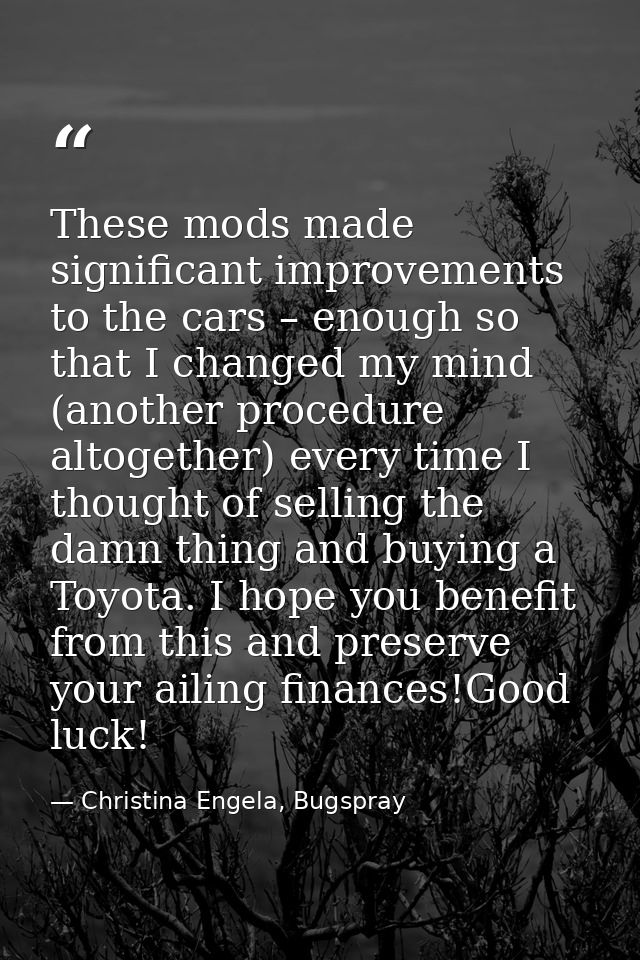 These mods made significant improvements to the cars – enough so that I changed my mind (another procedure altogether) e — Christina Engela, Bugspray