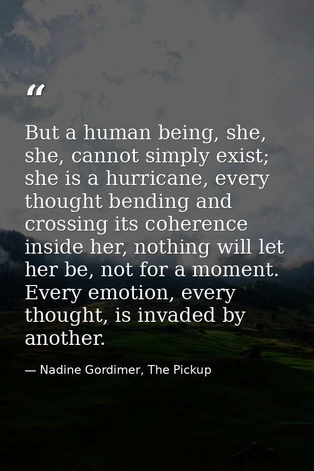 But a human being, she, she, cannot simply exist; she is a hurricane, every thought bending and crossing its coherence i — Nadine Gordimer, The Pickup