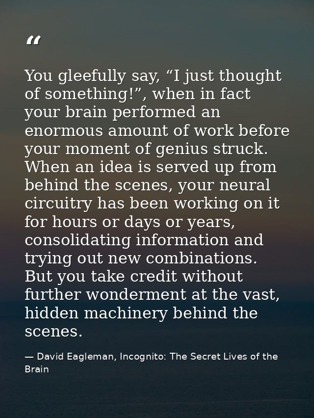 You gleefully say, “I just thought of something!”, when in fact your brain performed an enormous amount of work before y — David Eagleman, Incognito: The Secret Lives of the Brain