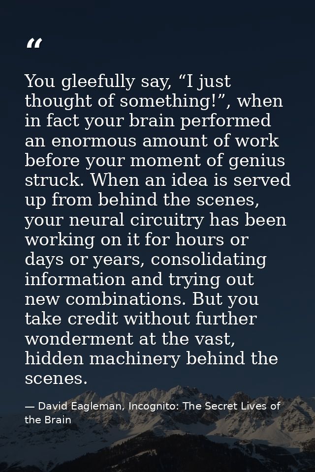 You gleefully say, “I just thought of something!”, when in fact your brain performed an enormous amount of work before y — David Eagleman, Incognito: The Secret Lives of the Brain
