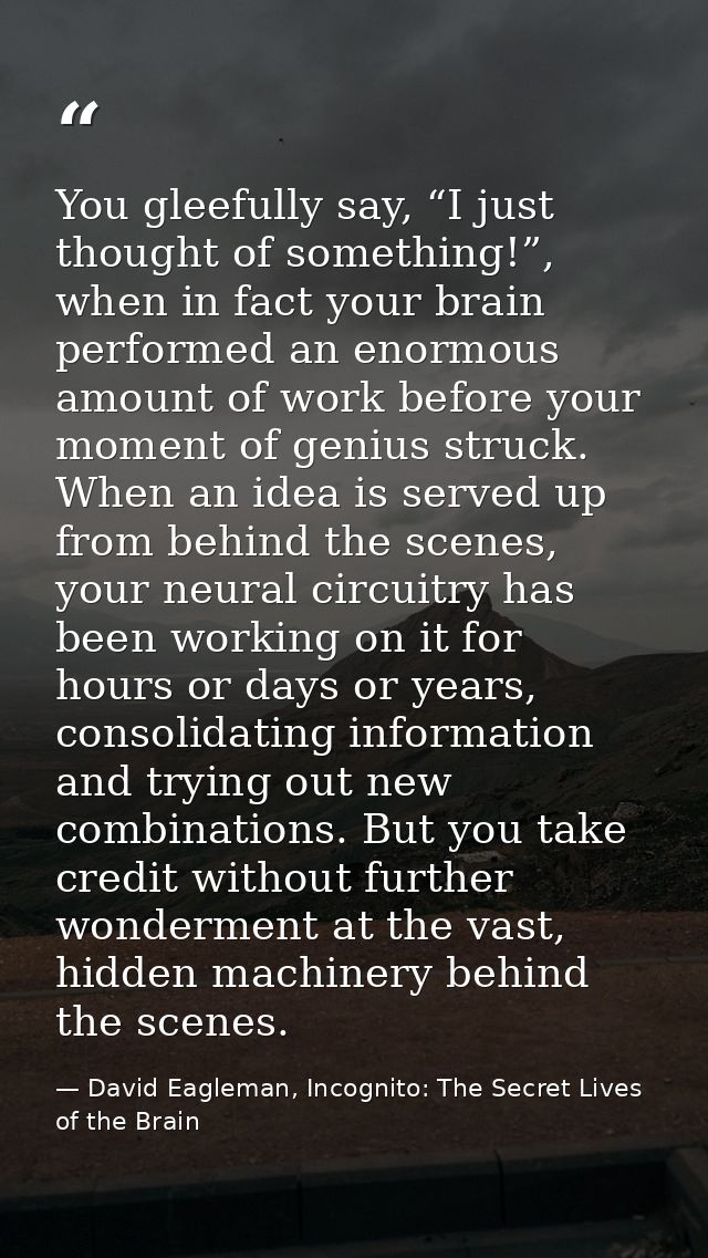 You gleefully say, “I just thought of something!”, when in fact your brain performed an enormous amount of work before y — David Eagleman, Incognito: The Secret Lives of the Brain