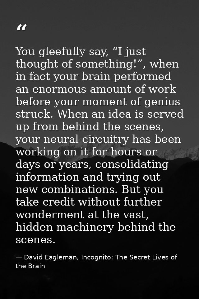 You gleefully say, “I just thought of something!”, when in fact your brain performed an enormous amount of work before y — David Eagleman, Incognito: The Secret Lives of the Brain