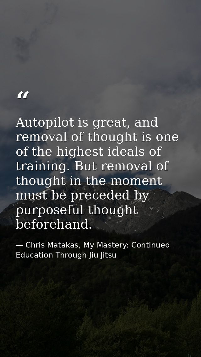 Autopilot is great, and removal of thought is one of the highest ideals of training. But removal of thought in the momen — Chris Matakas, My Mastery: Continued Education Through Jiu Jitsu