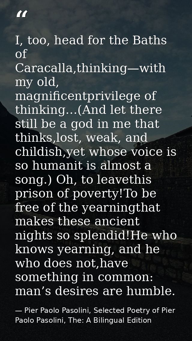 I, too, head for the Baths of Caracalla,thinking—with my old, magnificentprivilege of thinking…(And let there still be a — Pier Paolo Pasolini, Selected Poetry of Pier Paolo Pasolini, The: A Bilingual Edition