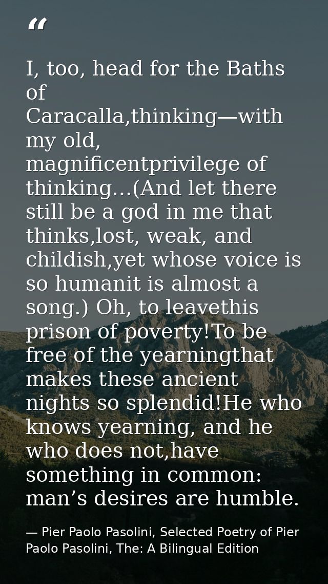 I, too, head for the Baths of Caracalla,thinking—with my old, magnificentprivilege of thinking…(And let there still be a — Pier Paolo Pasolini, Selected Poetry of Pier Paolo Pasolini, The: A Bilingual Edition