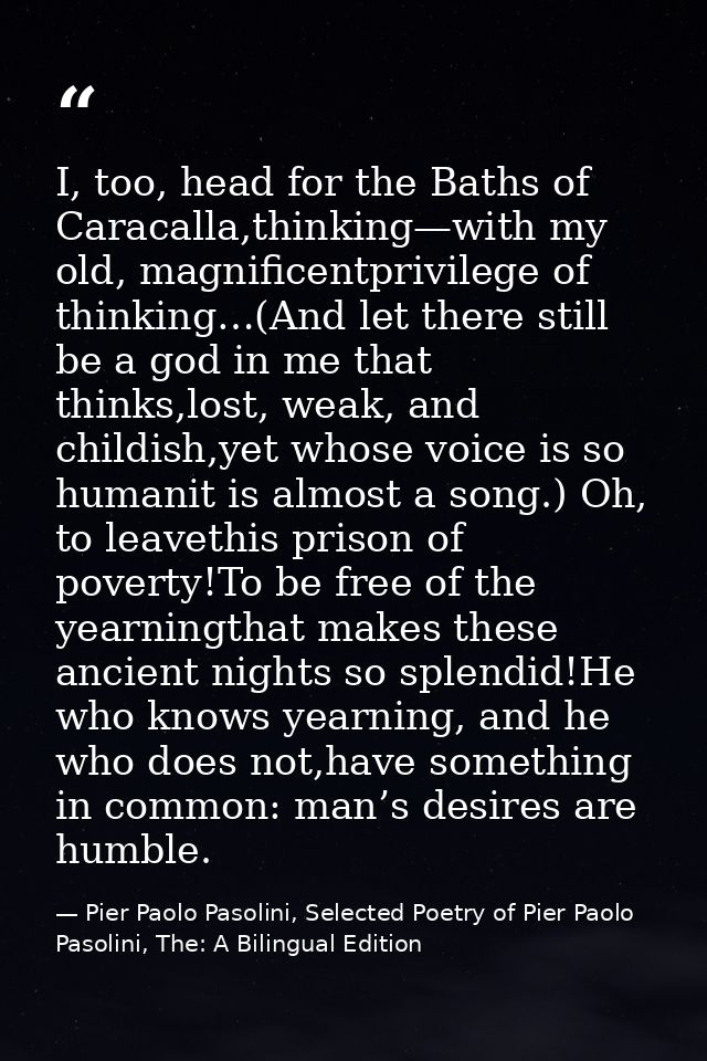 I, too, head for the Baths of Caracalla,thinking—with my old, magnificentprivilege of thinking…(And let there still be a — Pier Paolo Pasolini, Selected Poetry of Pier Paolo Pasolini, The: A Bilingual Edition