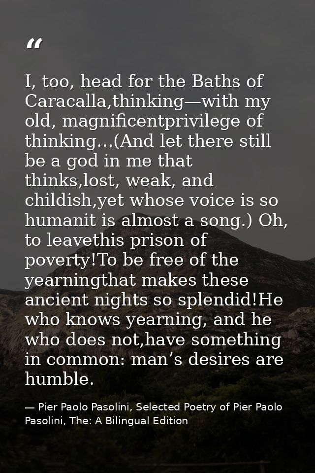 I, too, head for the Baths of Caracalla,thinking—with my old, magnificentprivilege of thinking…(And let there still be a — Pier Paolo Pasolini, Selected Poetry of Pier Paolo Pasolini, The: A Bilingual Edition