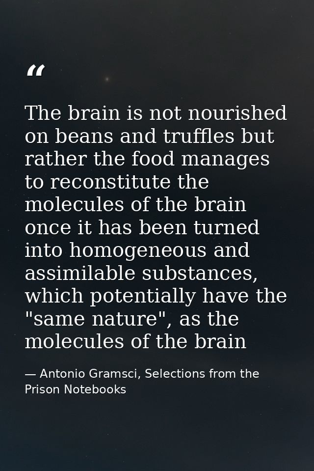 The brain is not nourished on beans and truffles but rather the food manages to reconstitute the molecules of the brain  — Antonio Gramsci, Selections from the Prison Notebooks