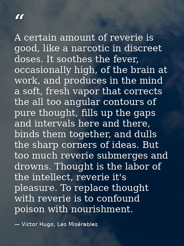 A certain amount of reverie is good, like a narcotic in discreet doses. It soothes the fever, occasionally high, of the  — Victor Hugo, Les Misérables
