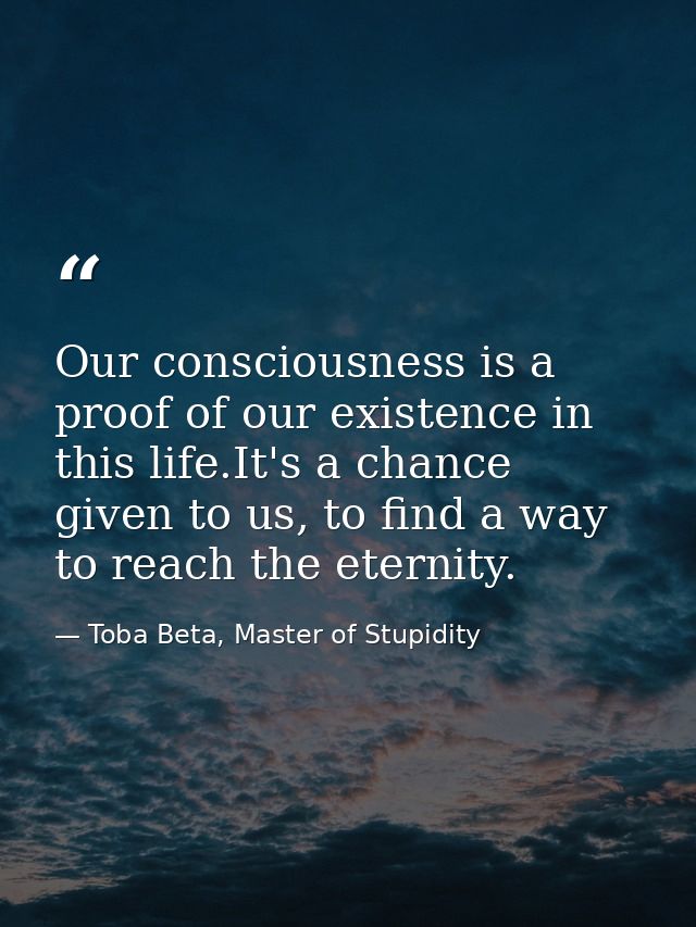 Our consciousness is a proof of our existence in this life.It's a chance given to us, to find a way to reach the eternit — Toba Beta, Master of Stupidity