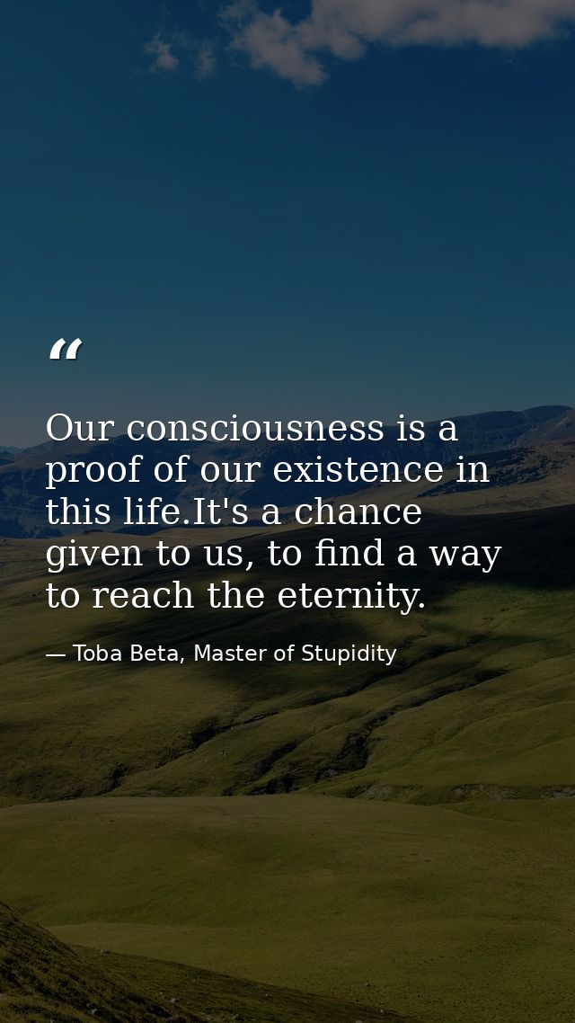 Our consciousness is a proof of our existence in this life.It's a chance given to us, to find a way to reach the eternit — Toba Beta, Master of Stupidity