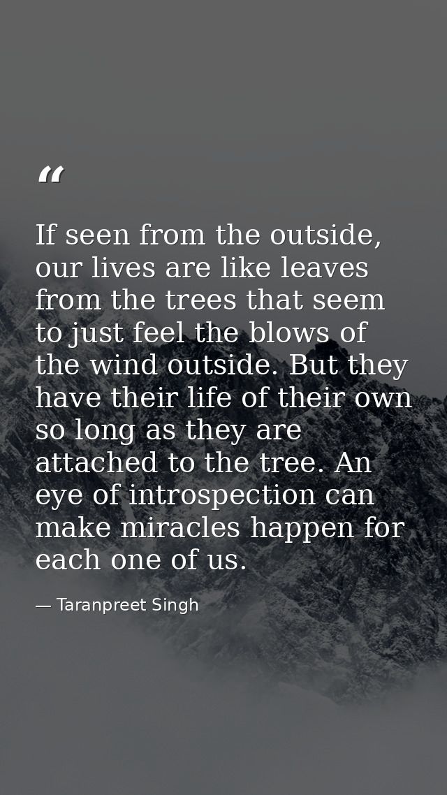If seen from the outside, our lives are like leaves from the trees that seem to just feel the blows of the wind outside. — Taranpreet Singh
