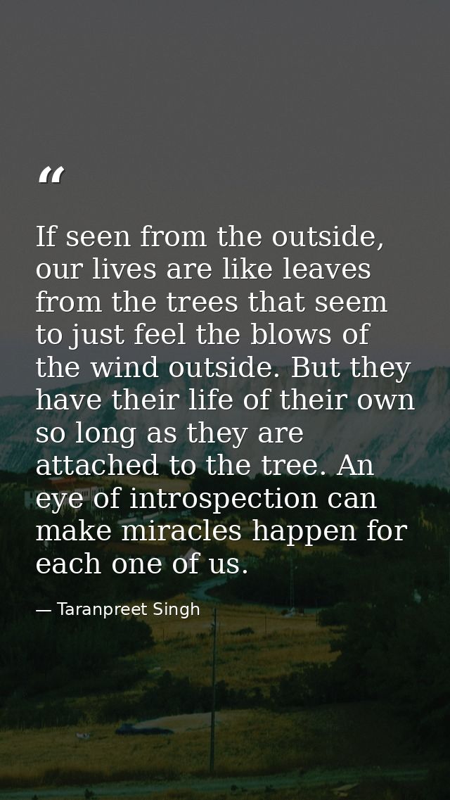 If seen from the outside, our lives are like leaves from the trees that seem to just feel the blows of the wind outside. — Taranpreet Singh
