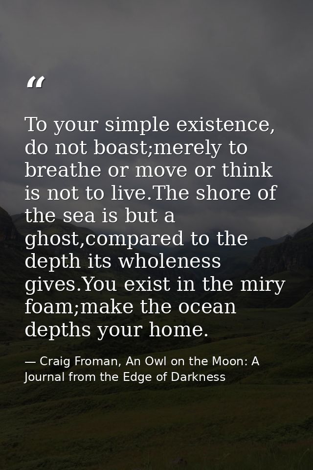 To your simple existence, do not boast;merely to breathe or move or think is not to live.The shore of the sea is but a g — Craig Froman, An Owl on the Moon: A Journal from the Edge of Darkness