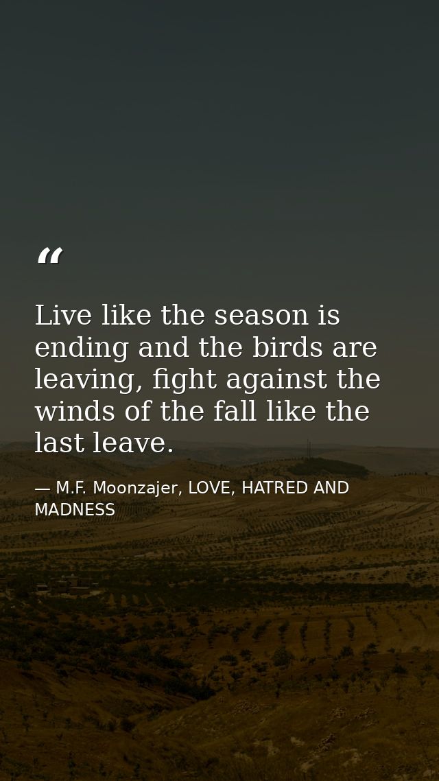 Live like the season is ending and the birds are leaving, fight against the winds of the fall like the last leave. — M.F. Moonzajer, LOVE, HATRED AND MADNESS