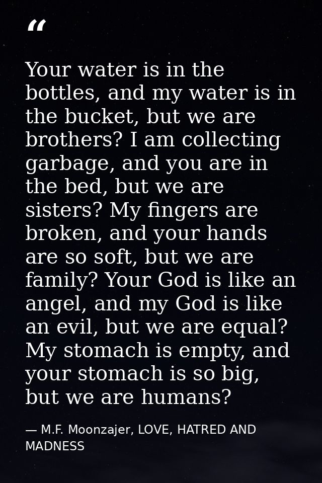 Your water is in the bottles, and my water is in the bucket, but we are brothers? I am collecting garbage, and you are i — M.F. Moonzajer, LOVE, HATRED AND MADNESS