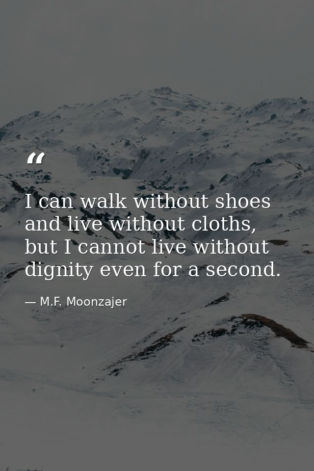 I can walk without shoes and live without cloths, but I cannot live without dignity even for a second. — M.F. Moonzajer
