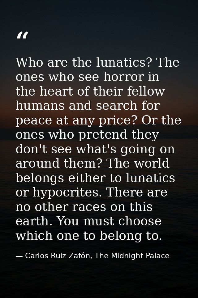 Who are the lunatics? The ones who see horror in the heart of their fellow humans and search for peace at any price? Or  — Carlos Ruiz Zafón, The Midnight Palace