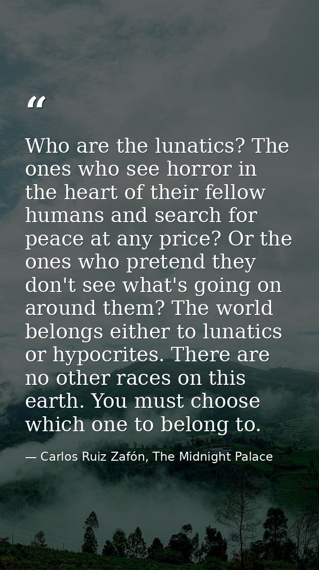 Who are the lunatics? The ones who see horror in the heart of their fellow humans and search for peace at any price? Or  — Carlos Ruiz Zafón, The Midnight Palace