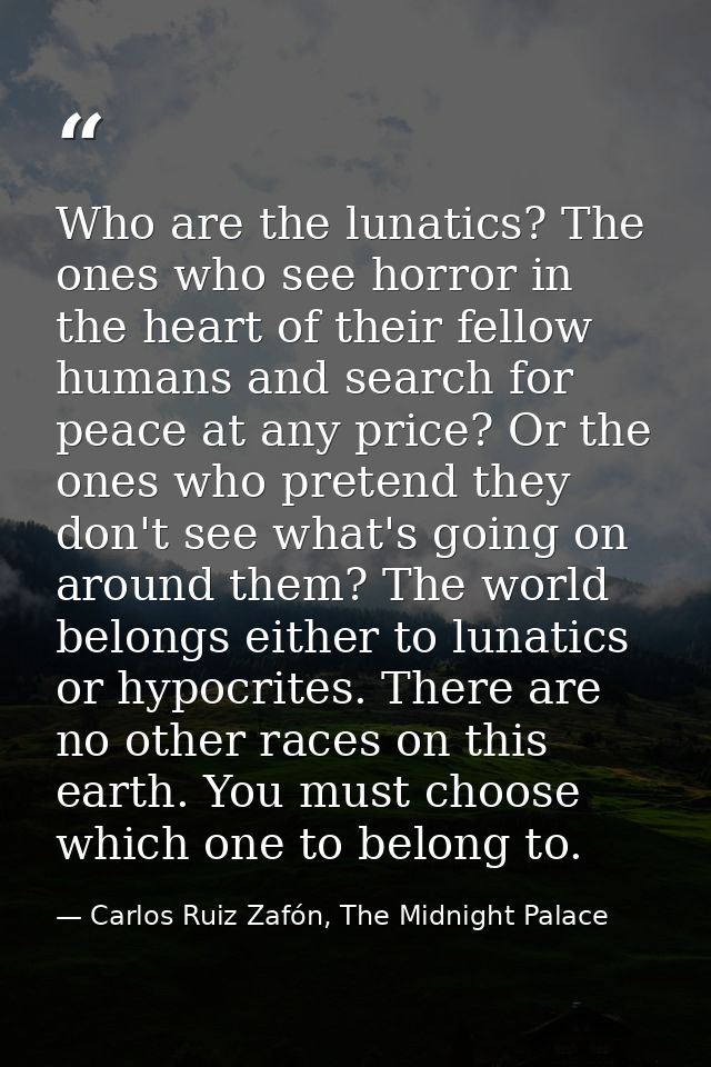Who are the lunatics? The ones who see horror in the heart of their fellow humans and search for peace at any price? Or  — Carlos Ruiz Zafón, The Midnight Palace