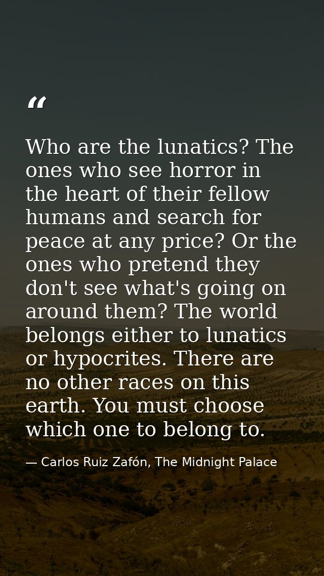 Who are the lunatics? The ones who see horror in the heart of their fellow humans and search for peace at any price? Or  — Carlos Ruiz Zafón, The Midnight Palace