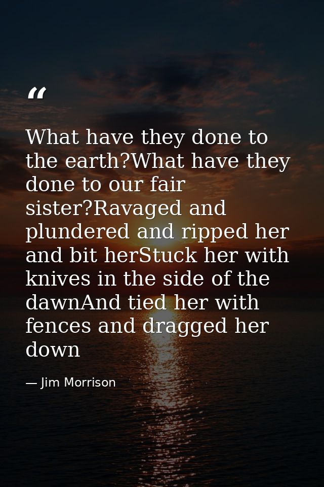 What have they done to the earth?What have they done to our fair sister?Ravaged and plundered and ripped her and bit her — Jim Morrison