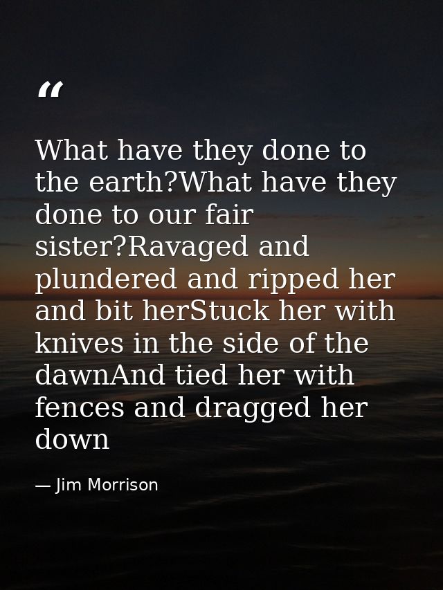 What have they done to the earth?What have they done to our fair sister?Ravaged and plundered and ripped her and bit her — Jim Morrison
