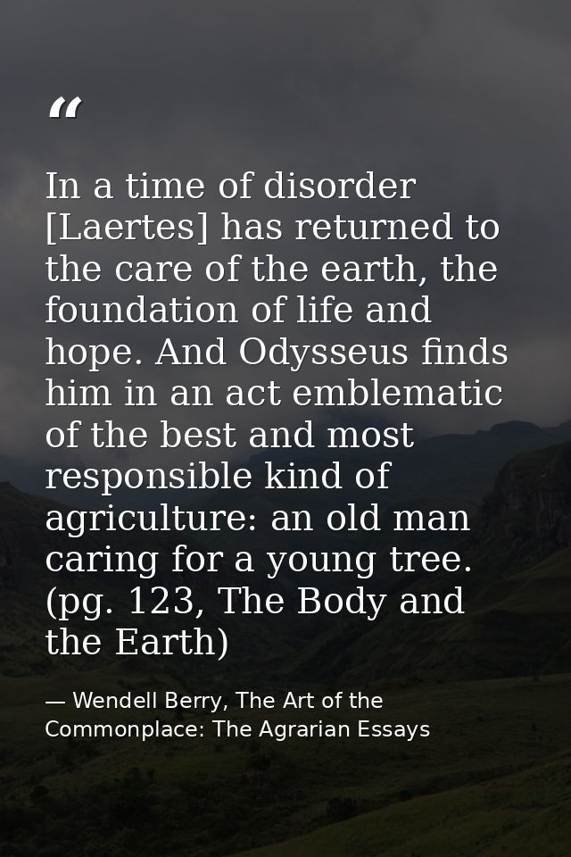 In a time of disorder [Laertes] has returned to the care of the earth, the foundation of life and hope. And Odysseus fin — Wendell Berry, The Art of the Commonplace: The Agrarian Essays
