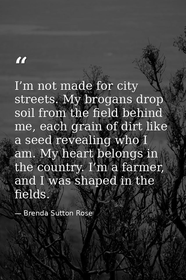 I’m not made for city streets. My brogans drop soil from the field behind me, each grain of dirt like a seed revealing w — Brenda Sutton Rose