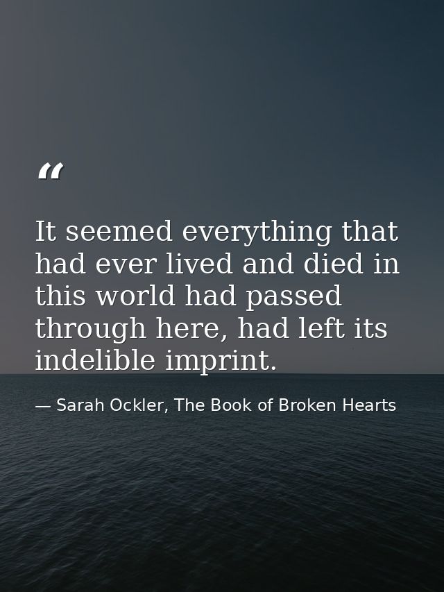 It seemed everything that had ever lived and died in this world had passed through here, had left its indelible imprint. — Sarah Ockler, The Book of Broken Hearts