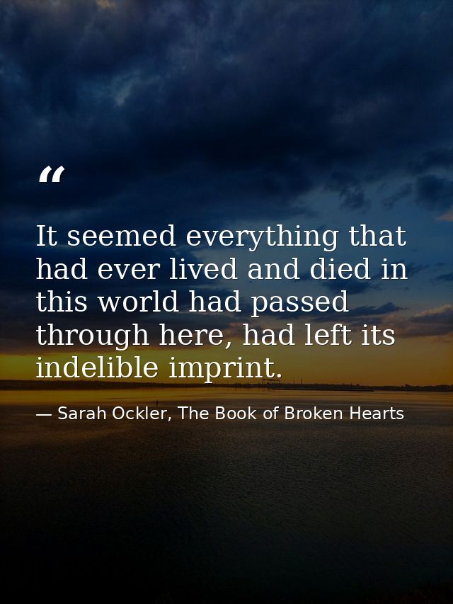It seemed everything that had ever lived and died in this world had passed through here, had left its indelible imprint. — Sarah Ockler, The Book of Broken Hearts