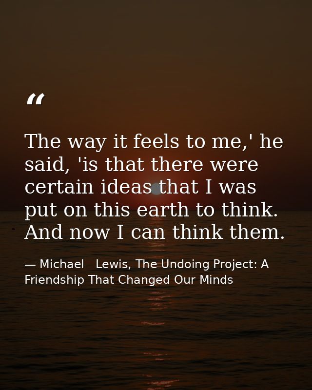 The way it feels to me,' he said, 'is that there were certain ideas that I was put on this earth to think. And now I can — Michael   Lewis, The Undoing Project: A Friendship That Changed Our Minds