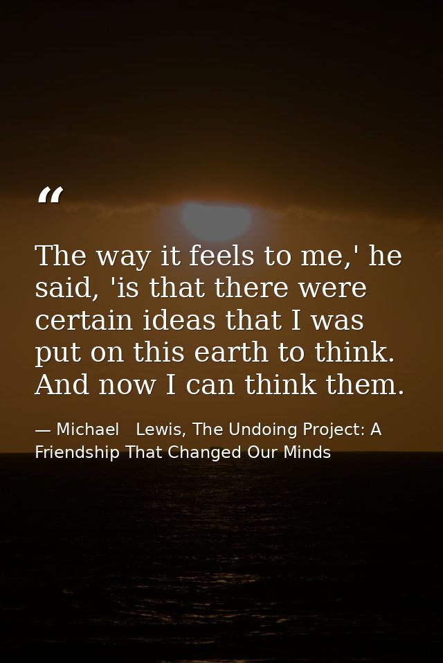 The way it feels to me,' he said, 'is that there were certain ideas that I was put on this earth to think. And now I can — Michael   Lewis, The Undoing Project: A Friendship That Changed Our Minds