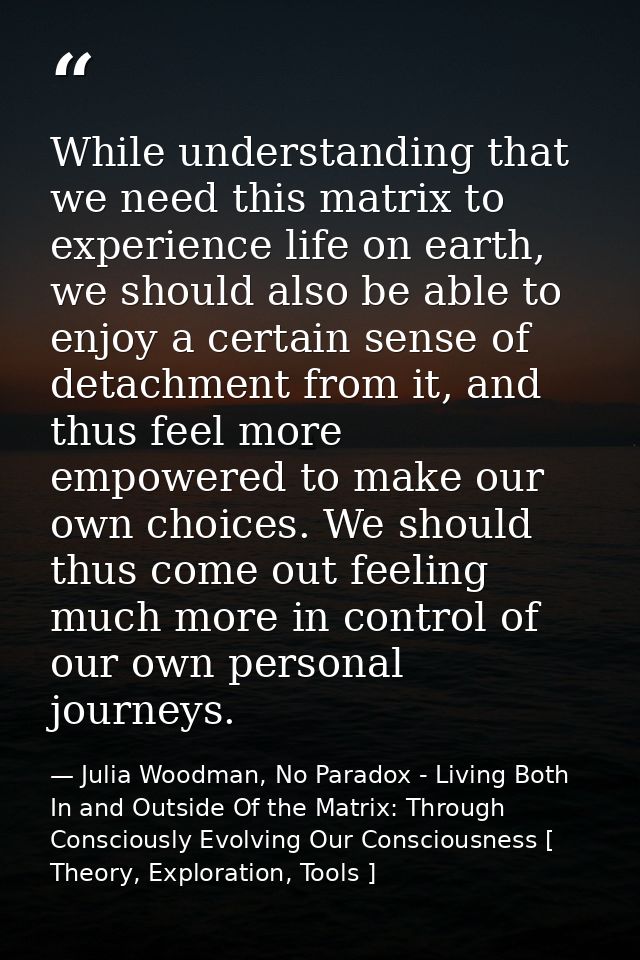 While understanding that we need this matrix to experience life on earth, we should also be able to enjoy a certain sens — Julia Woodman, No Paradox - Living Both In and Outside Of the Matrix: Through Consciously Evolving Our Consciousness [ Theory, Exploration, Tools ]