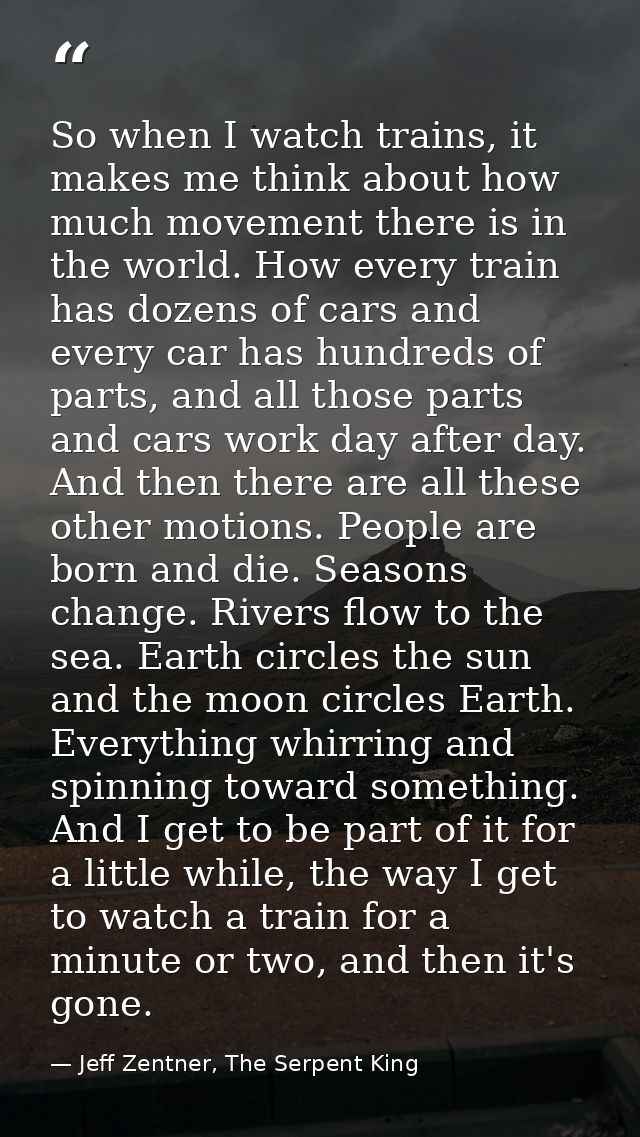 So when I watch trains, it makes me think about how much movement there is in the world. How every train has dozens of c — Jeff Zentner, The Serpent King