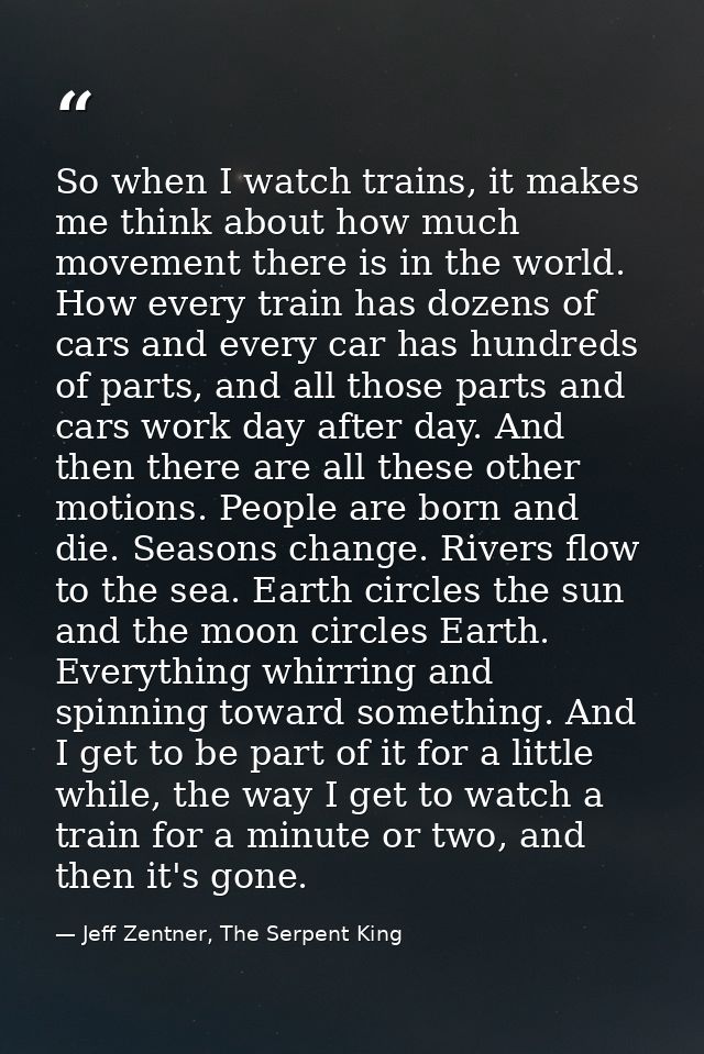 So when I watch trains, it makes me think about how much movement there is in the world. How every train has dozens of c — Jeff Zentner, The Serpent King
