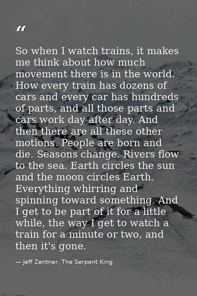 So when I watch trains, it makes me think about how much movement there is in the world. How every train has dozens of c — Jeff Zentner, The Serpent King