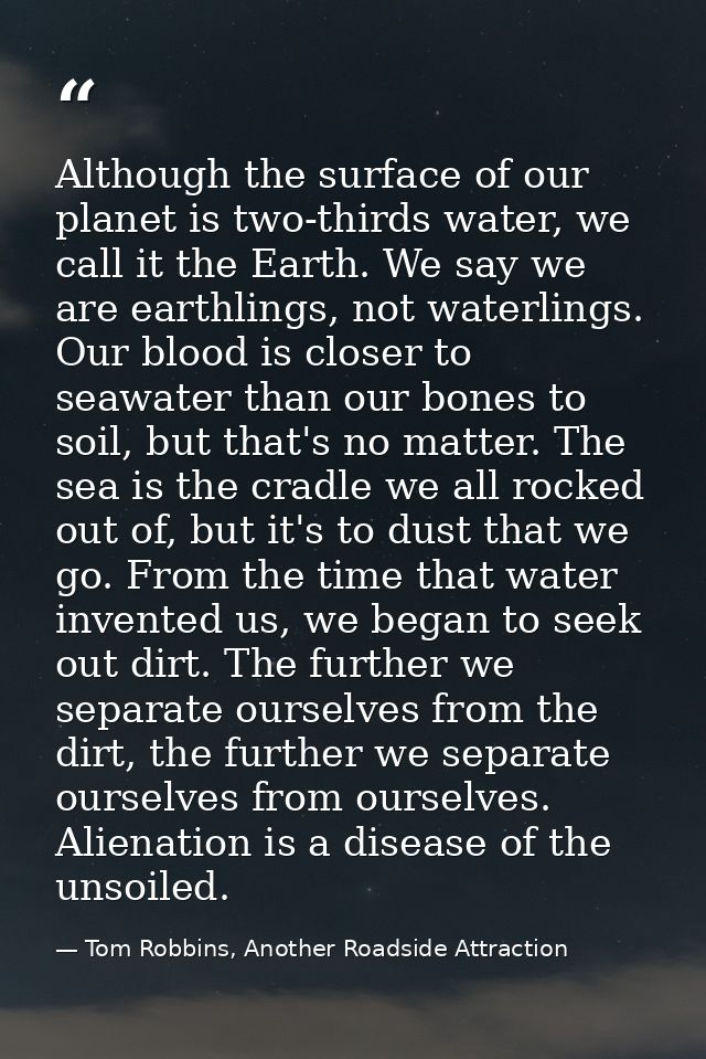 Although the surface of our planet is two-thirds water, we call it the Earth. We say we are earthlings, not waterlings.  — Tom Robbins, Another Roadside Attraction