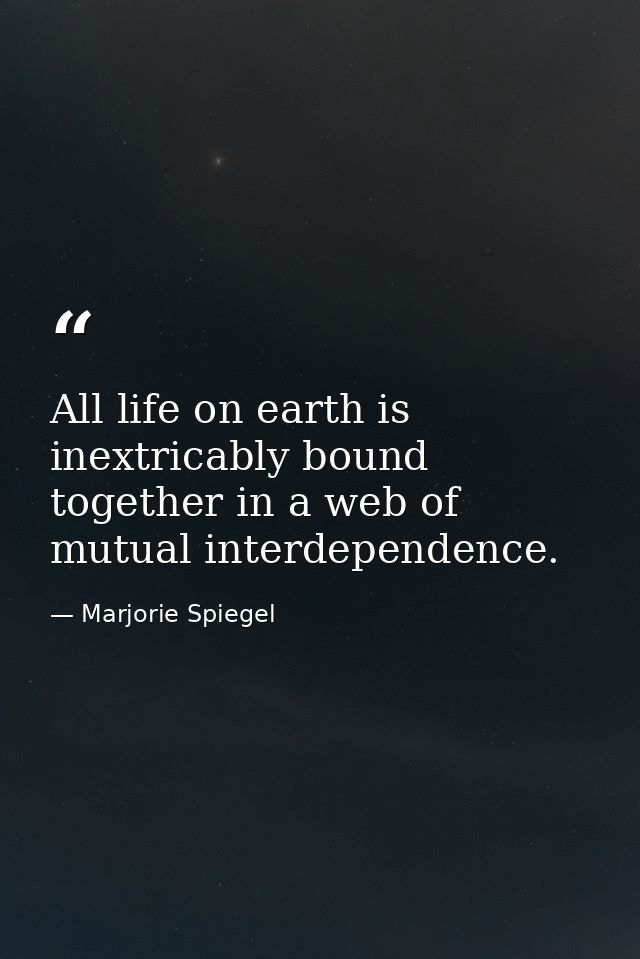 All life on earth is inextricably bound together in a web of mutual interdependence. — Marjorie Spiegel